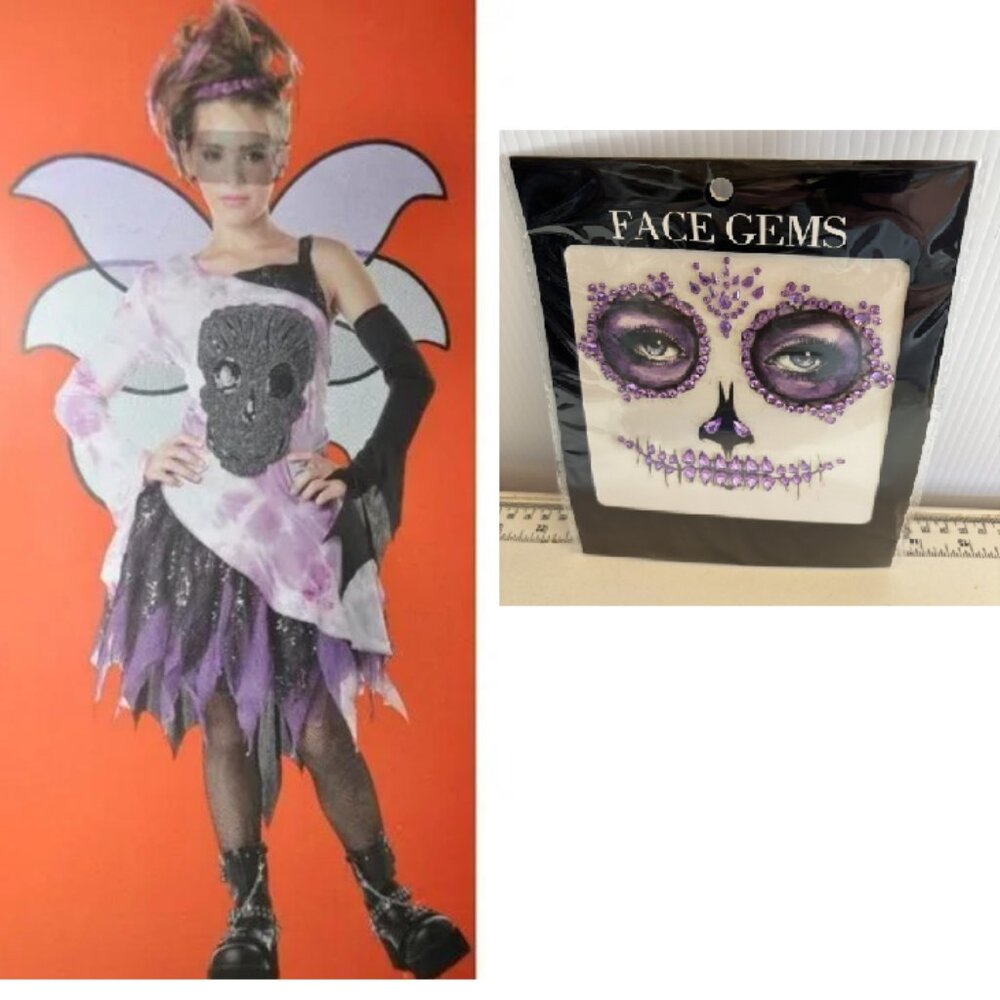 Purple Skull Fairy Halloween Costume 10/12 Dress, Wings, Face Gems 6 Pc Girls